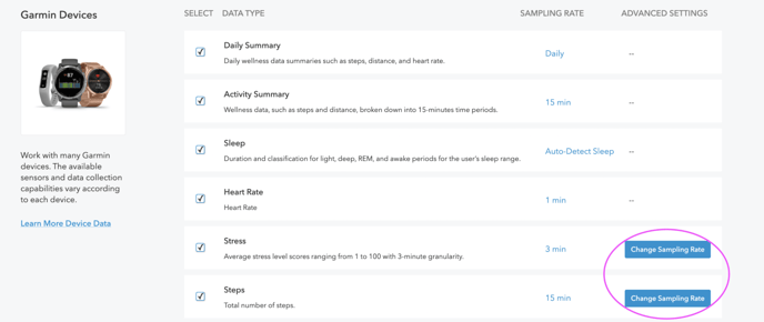 Data types you can select in app- sleep, heart rate, stress, steps, activity summary and daily summary