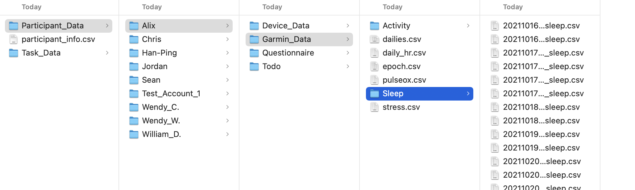 Garmin sleep data files organized into CSV