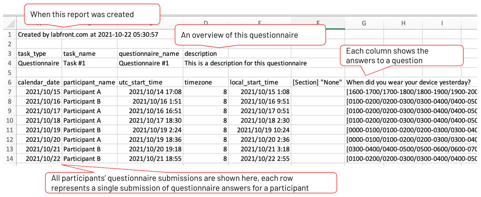 CSV file of questionnaire data with date, overview, and participant's submissions 